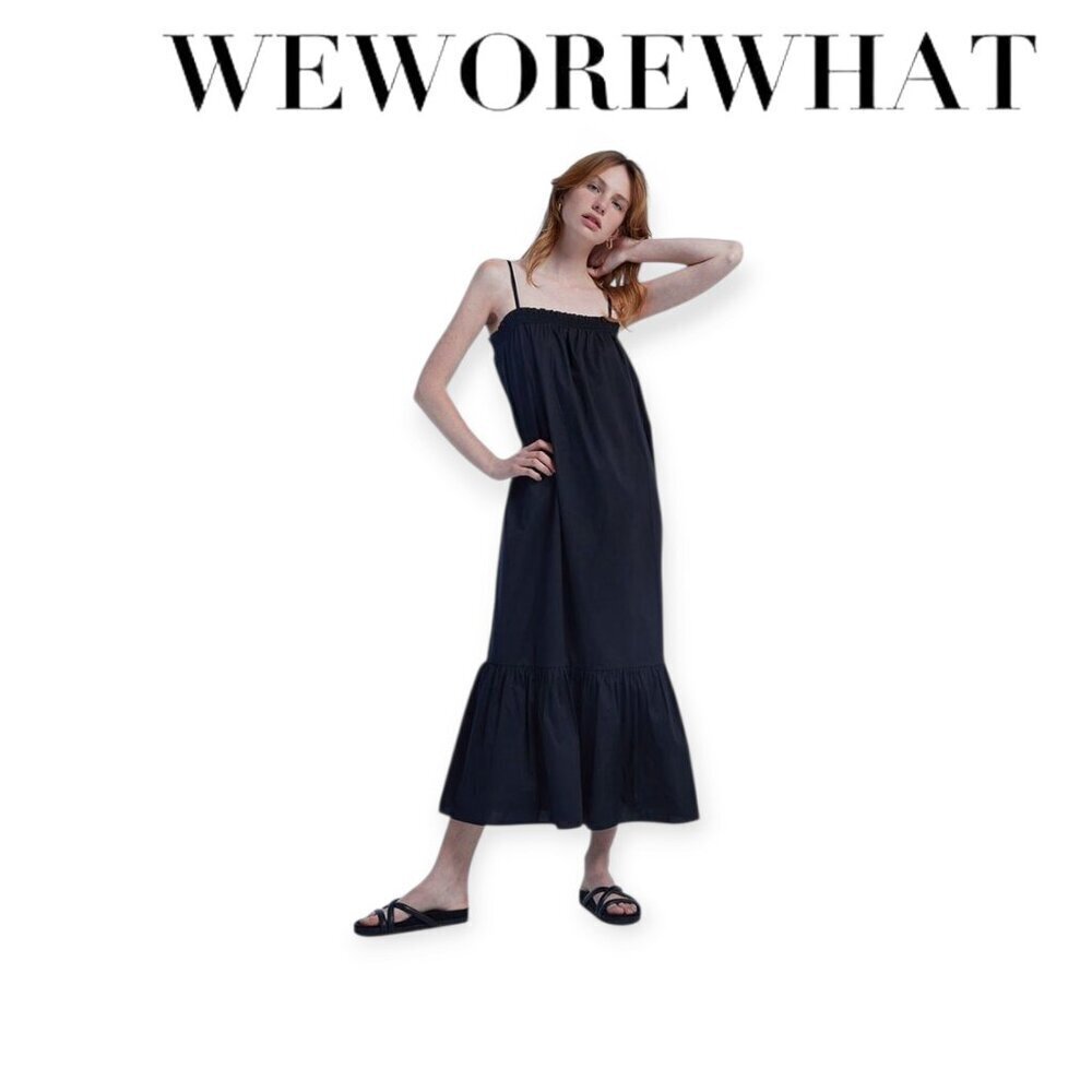 WeWoreWhat Smocked Cotton Midi Dress Black Size M Square Neck Sleeveless Tiered